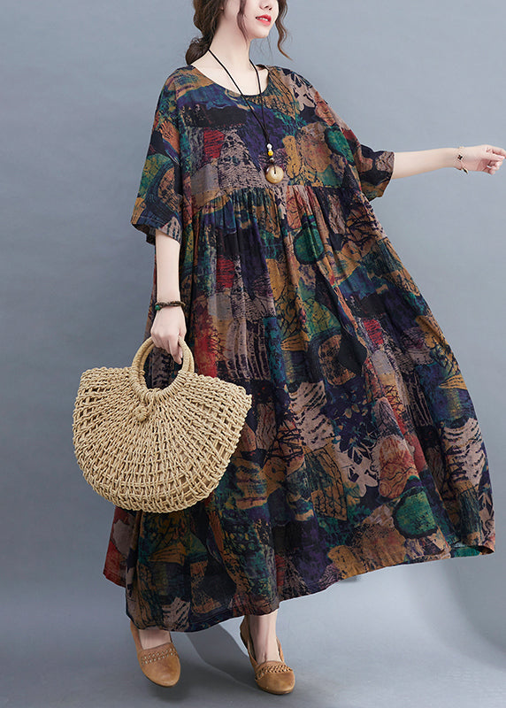 Original Design O-neck Wrinkled Print Loose Long Dress Short Sleeve