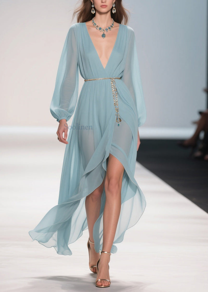 Original Design Pale Mint Blue Low High Design Chiffon Long Dress Spring