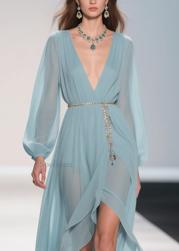 Original Design Pale Mint Blue Low High Design Chiffon Long Dress Spring