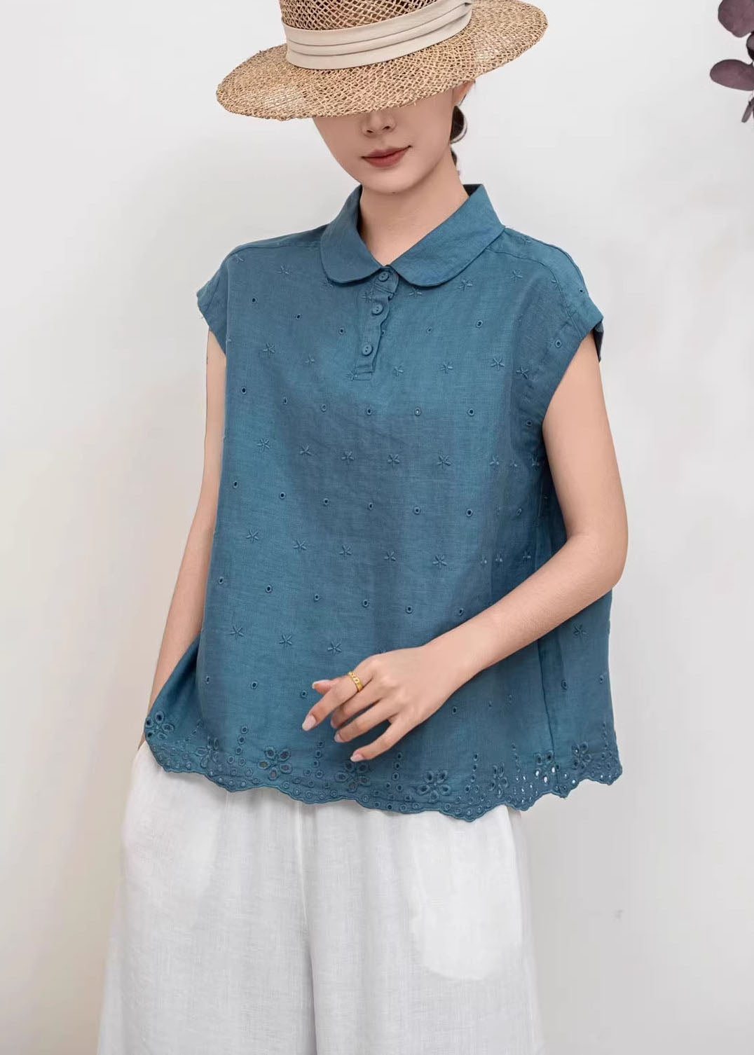 Original Design Peacock Blue Embroidered Linen Shirt Tops Summer