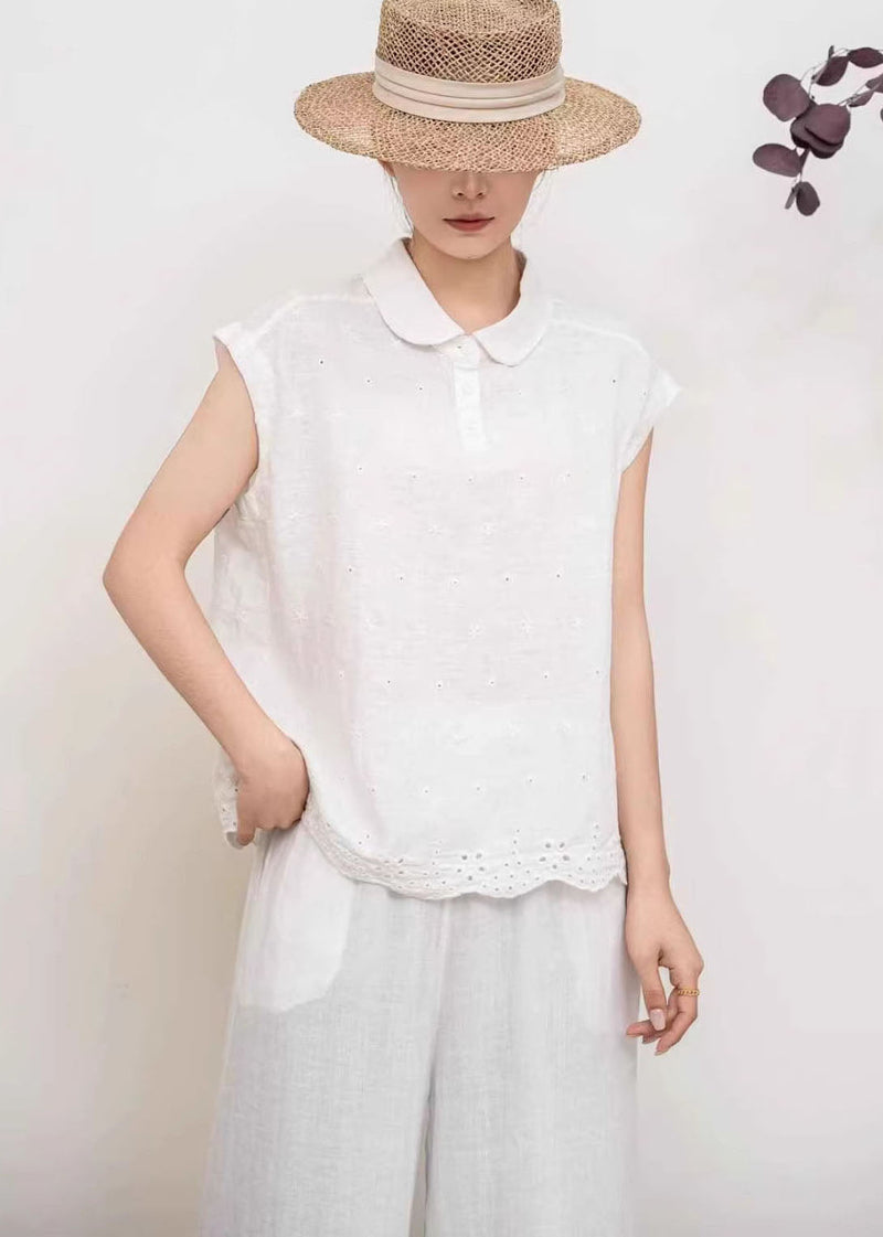 Original Design Peacock Blue Embroidered Linen Shirt Tops Summer