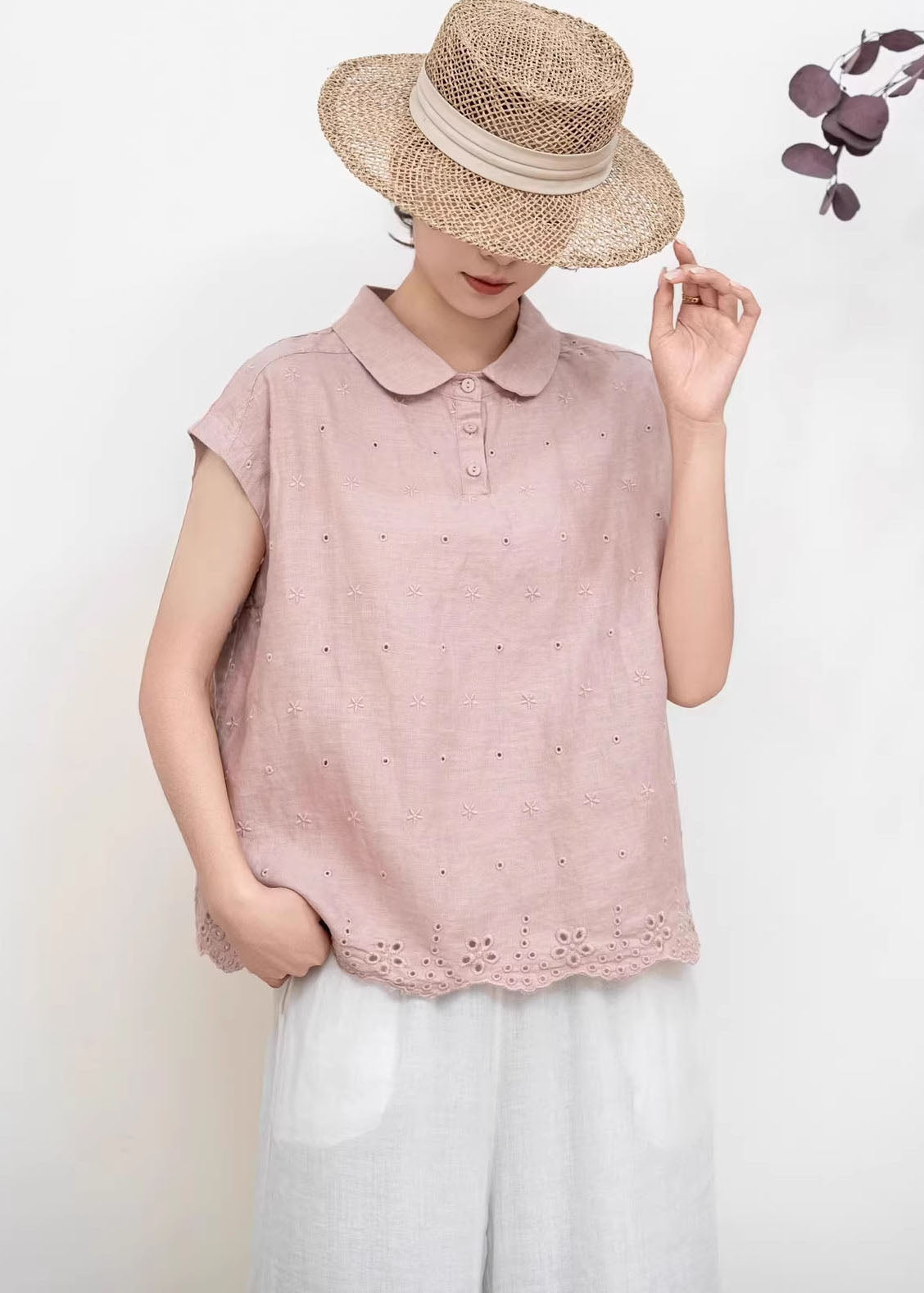 Original Design Peacock Blue Embroidered Linen Shirt Tops Summer