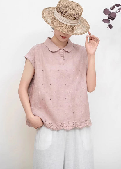 Original Design Peacock Blue Embroidered Linen Shirt Tops Summer