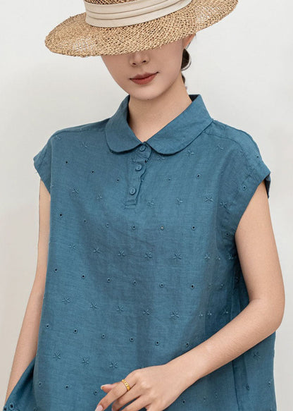 Original Design Peacock Blue Embroidered Linen Shirt Tops Summer