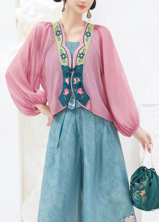 Original Design Pink Print Lace Up Chiffon Cardigans Lantern Sleeve