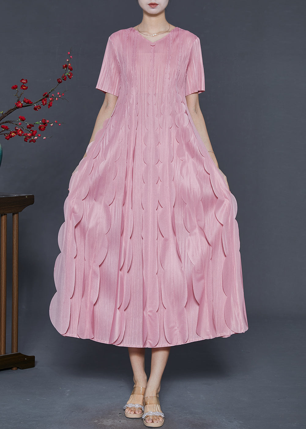 Original Design Pink Ruffles Silk a Line Dress Summer