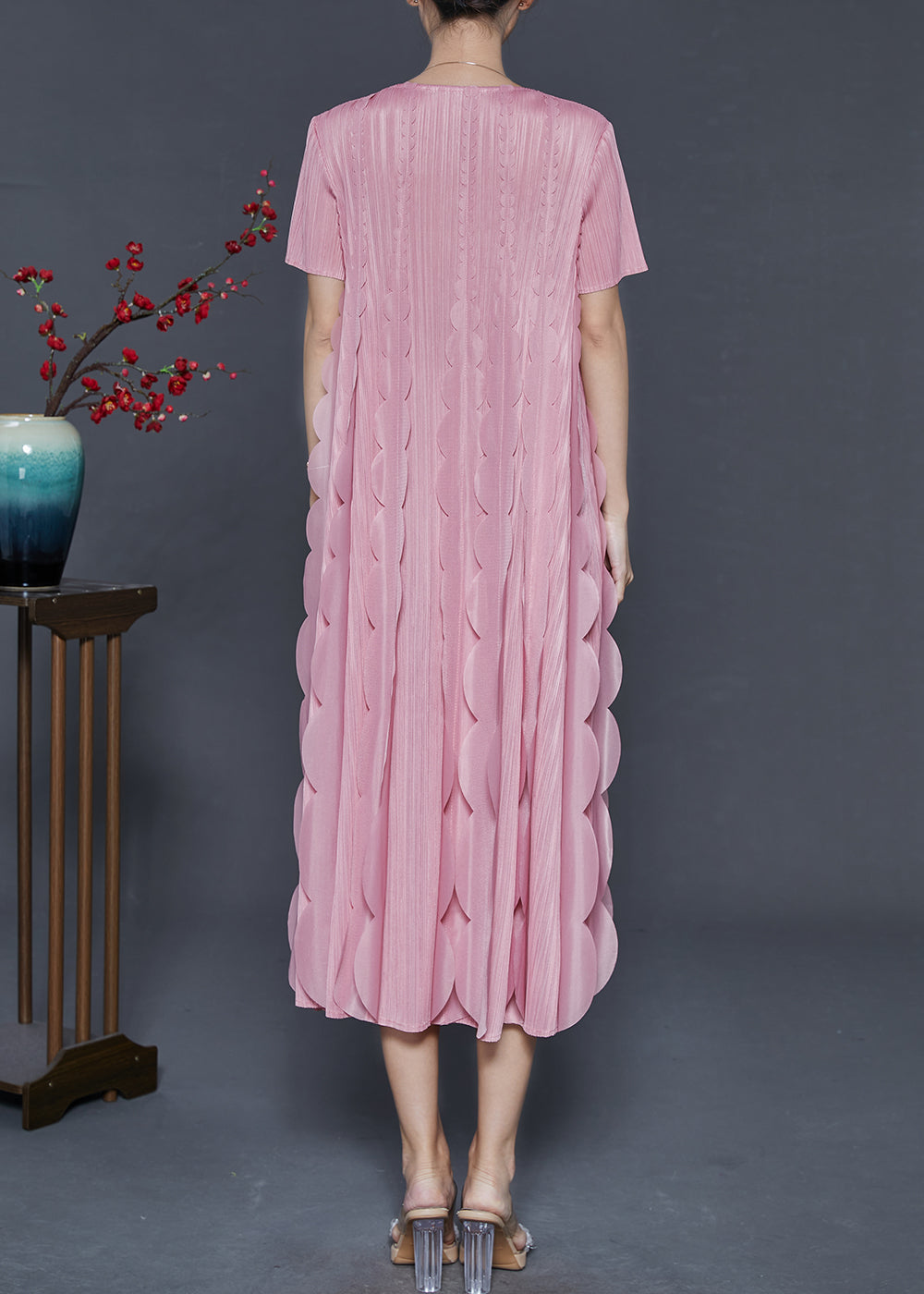 Original Design Pink Ruffles Silk a Line Dress Summer