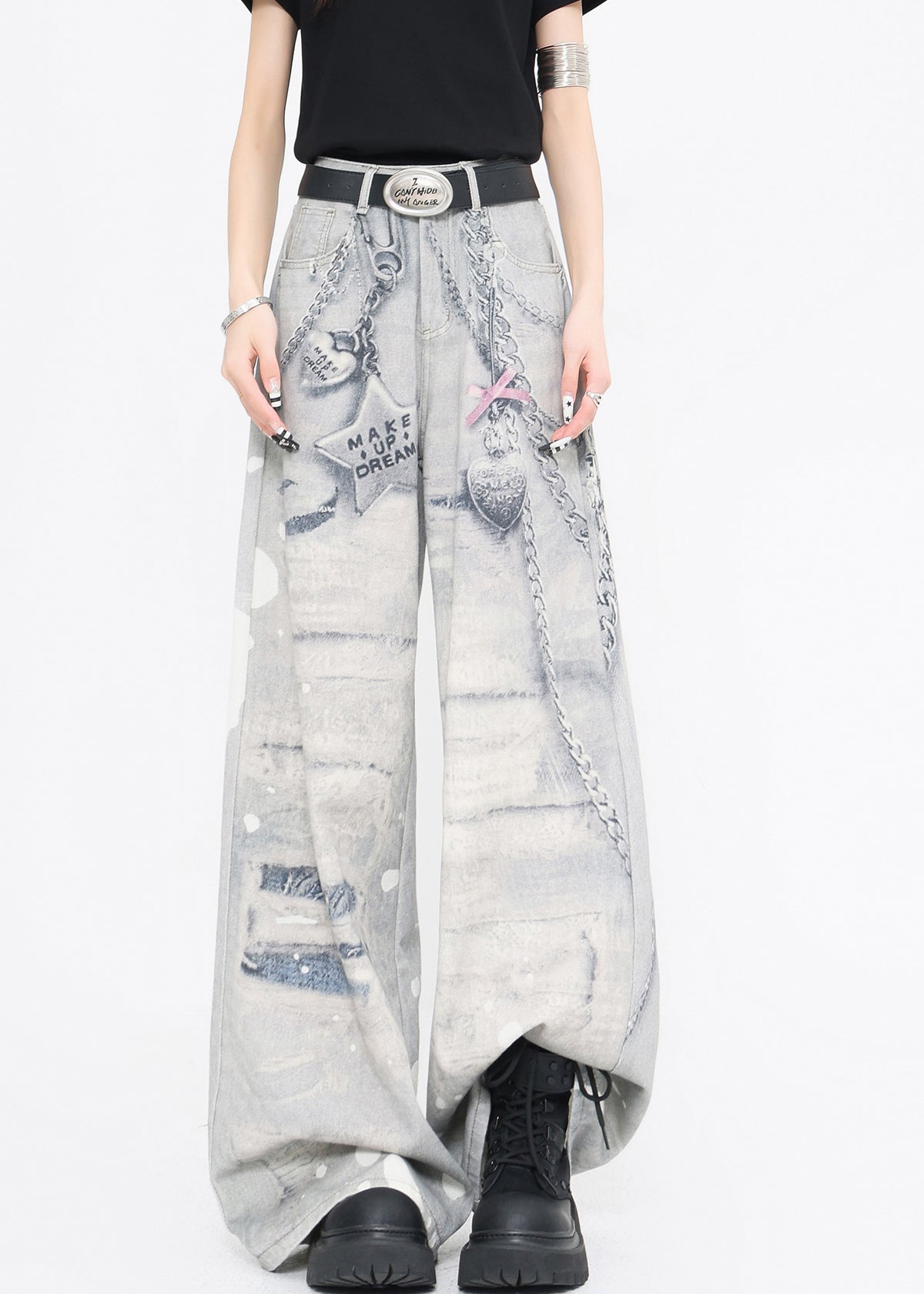 Original Design Print High Waist Denim Wide Leg Pants Fall
