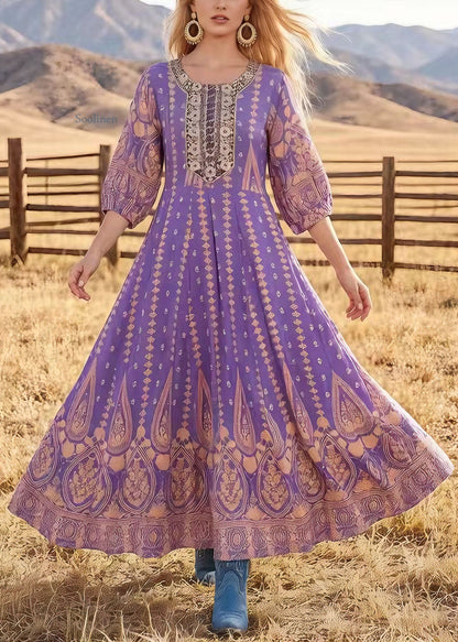 Original Design Purple O Neck Print Exra Large Hem Cotton Dress Summer