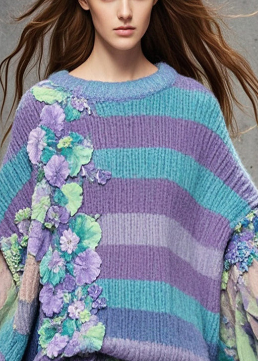 Original Design Purple Oversized Patchwork Sweaters Batwing Sleeve