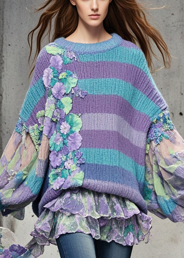 Original Design Purple Oversized Patchwork Sweaters Batwing Sleeve