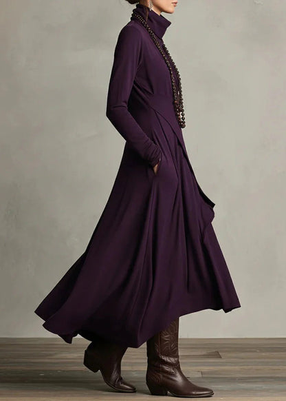 Original Design Purple Turtleneck Pockets Cotton Maxi Dress Spring