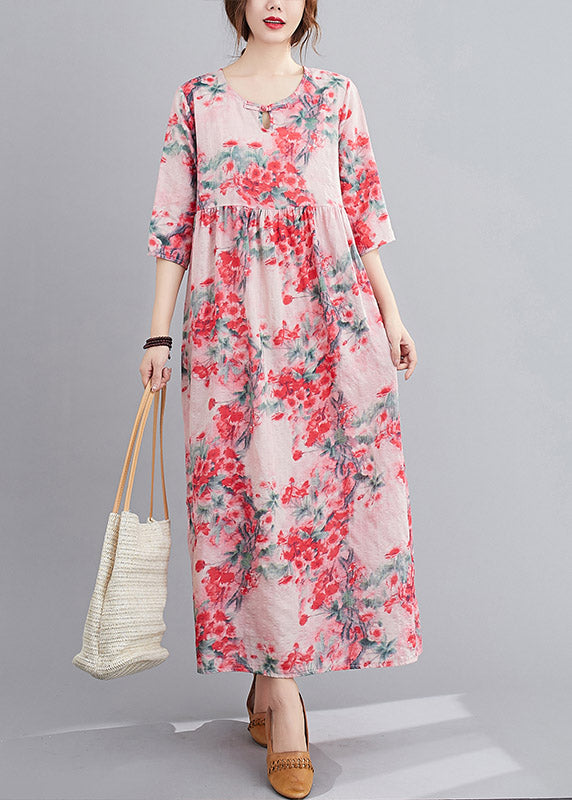 Original Design Red O-neck Print Linen Loose Dress Half Sleeve