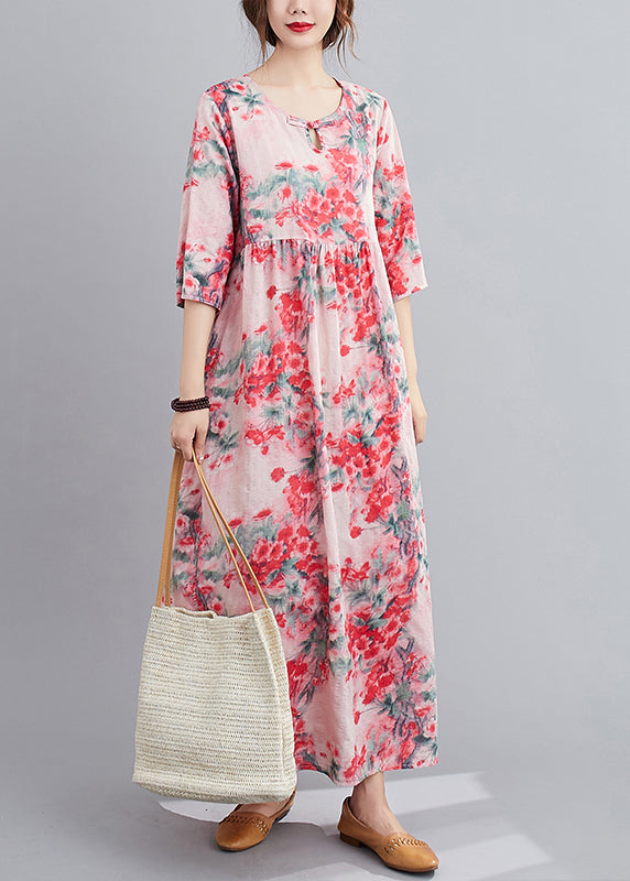 Original Design Red O-neck Print Linen Loose Dress Half Sleeve