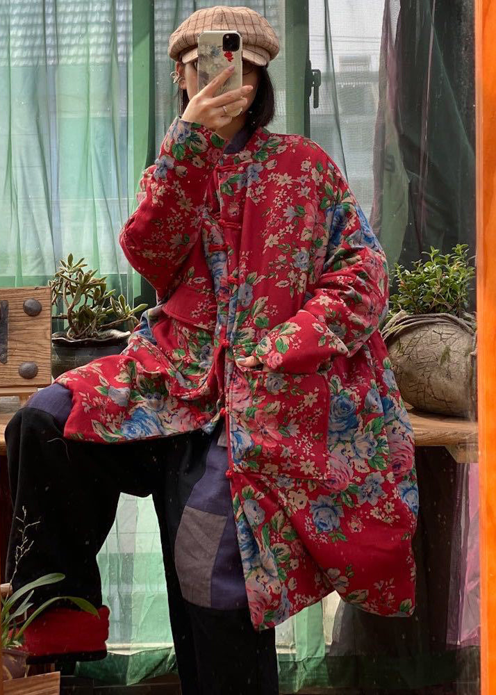 Original Design Red Print Pockets Fine Cotton Filled Coat Winter
