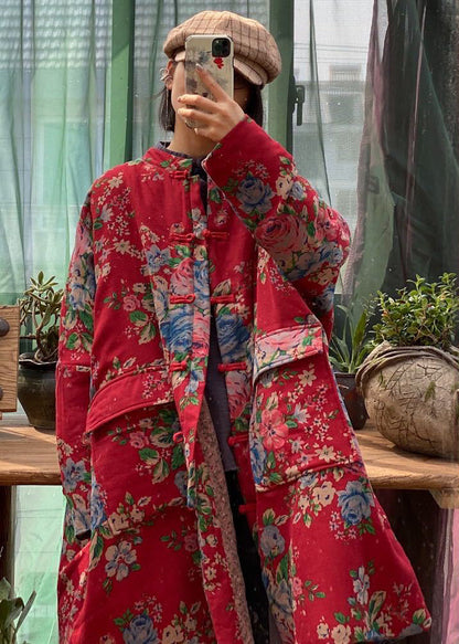 Original Design Red Print Pockets Fine Cotton Filled Coat Winter