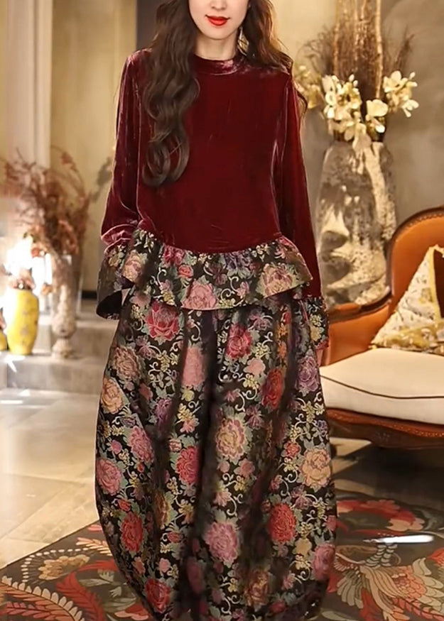 Original Design Red Print Top and Pants Two Pieces Set Fall