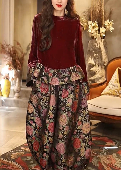 Original Design Red Print Top and Pants Two Pieces Set Fall