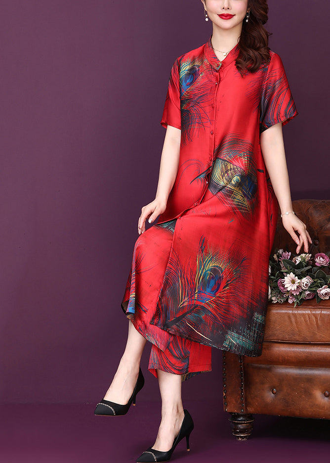 Original Design Red Stand Collar Print Silk Shirt Top and Pants Two Pieces Set Summer