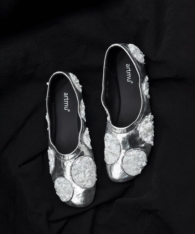 Original Design Silver Cowhide Leather Sequins Flat Shoes for