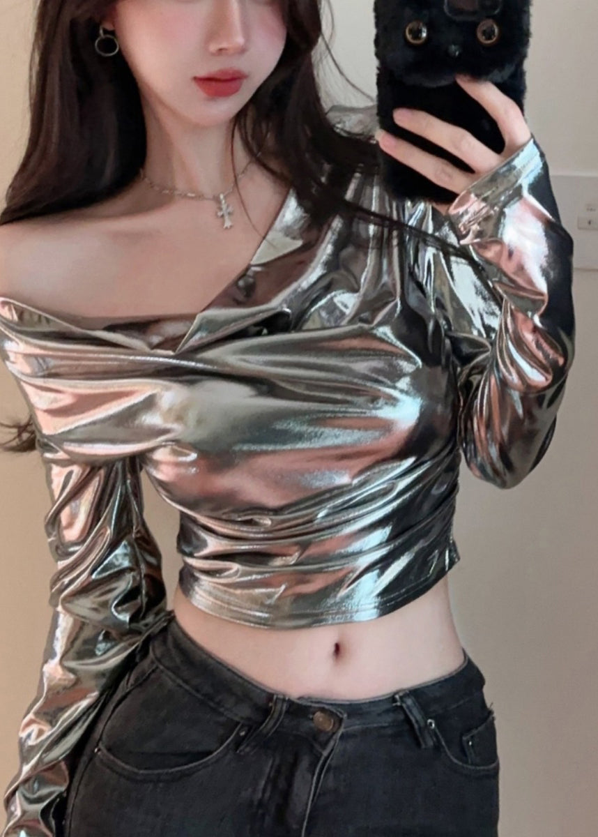 Original Design Silvery Turtle Neck Sexy Tops Spring