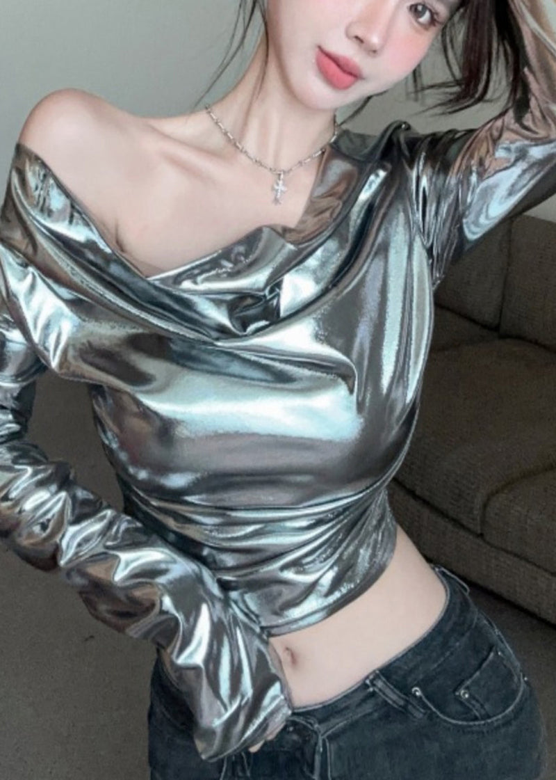 Original Design Silvery Turtle Neck Tops Spring