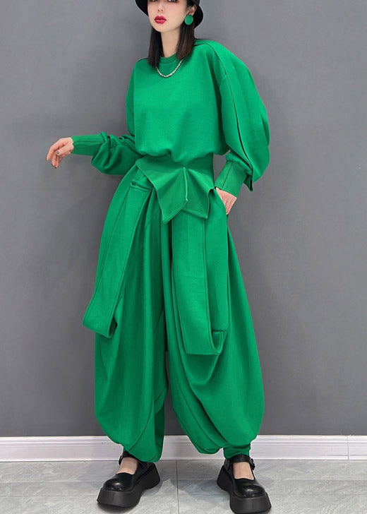 Original Design Green O-neck Asymmetrical Loose Sweatshirts Top and Harem Pants Two Piece Set Long Sleeve
