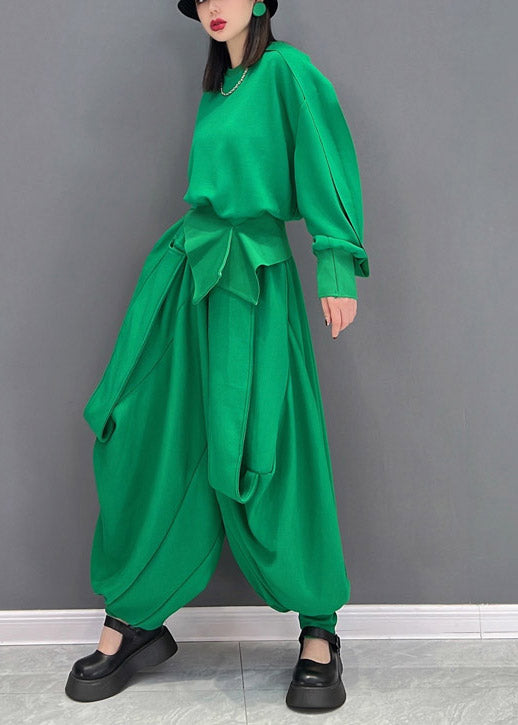 Original Design Green O-neck Asymmetrical Loose Sweatshirts Top and Harem Pants Two Piece Set Long Sleeve