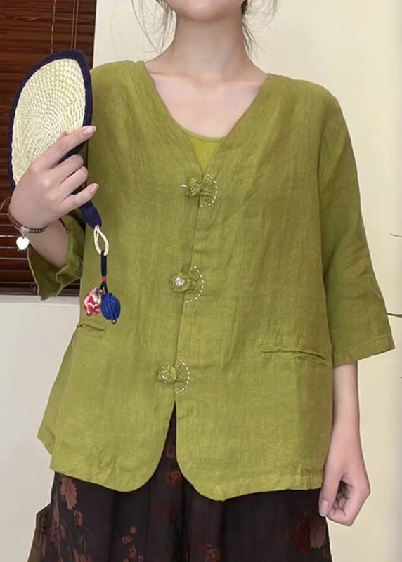 Original Design Blackish Green V Neck Button Linen Shirt Top Half Sleeve