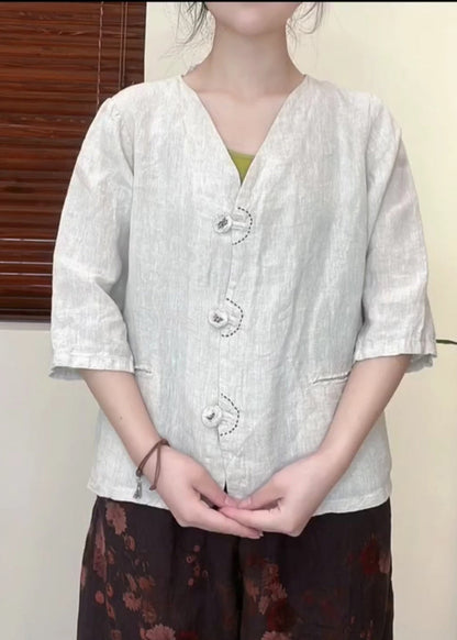 Original Design Blackish Green V Neck Button Linen Shirt Top Half Sleeve