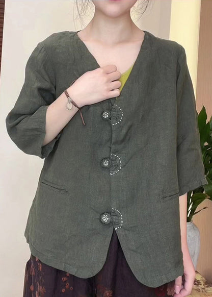 Original Design Blackish Green V Neck Button Linen Shirt Top Half Sleeve