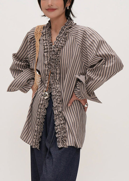 Original Design Striped V Neck Ruffled Cotton Shirt Fall