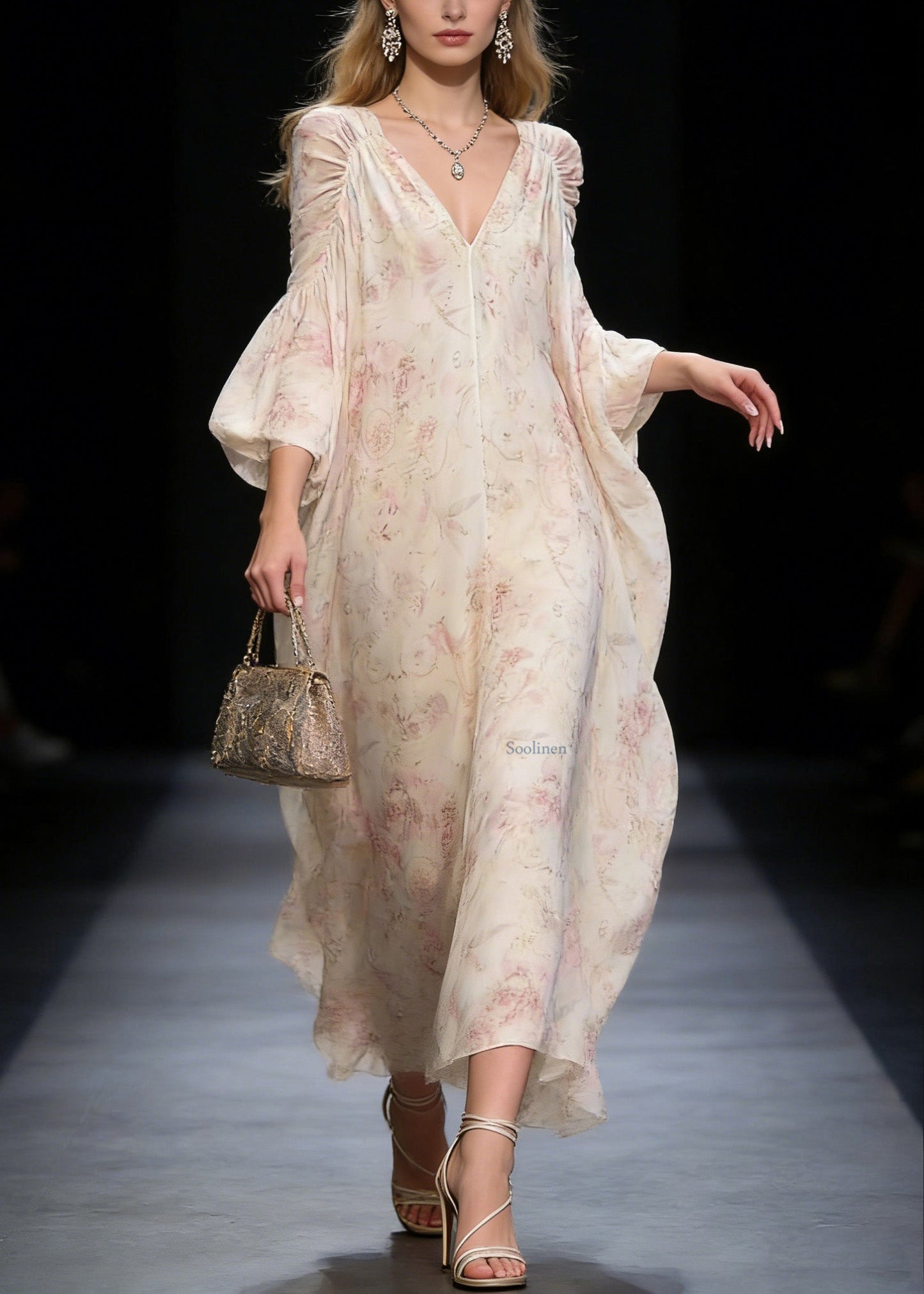 Original Design V Neck Print Wrinkled Chiffon Long Dress Spring