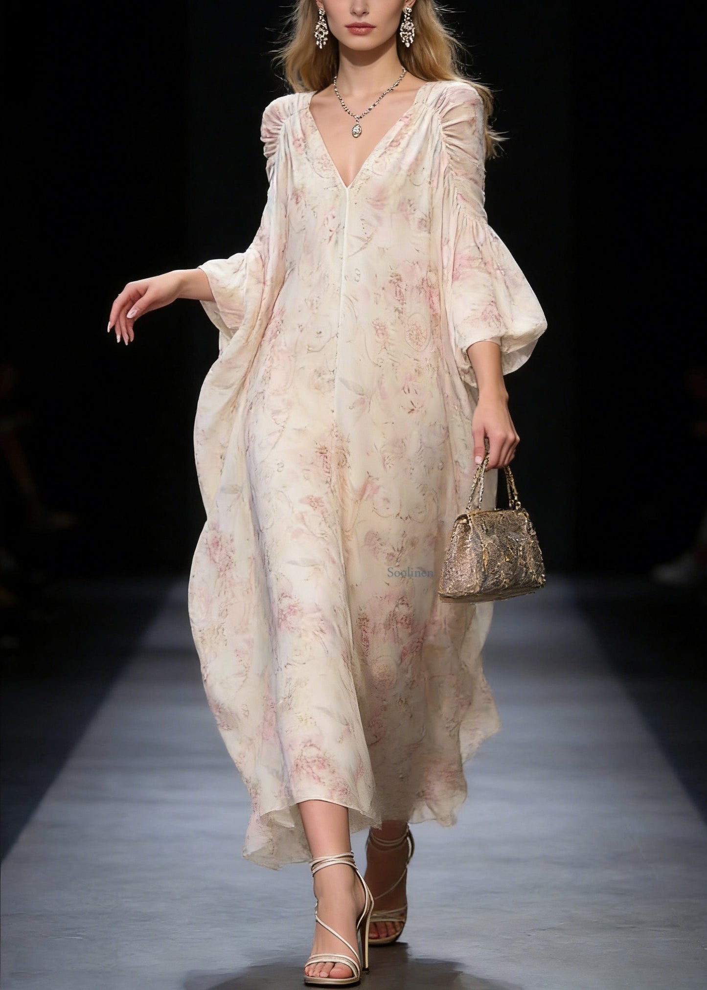Original Design V Neck Print Wrinkled Chiffon Long Dress Spring