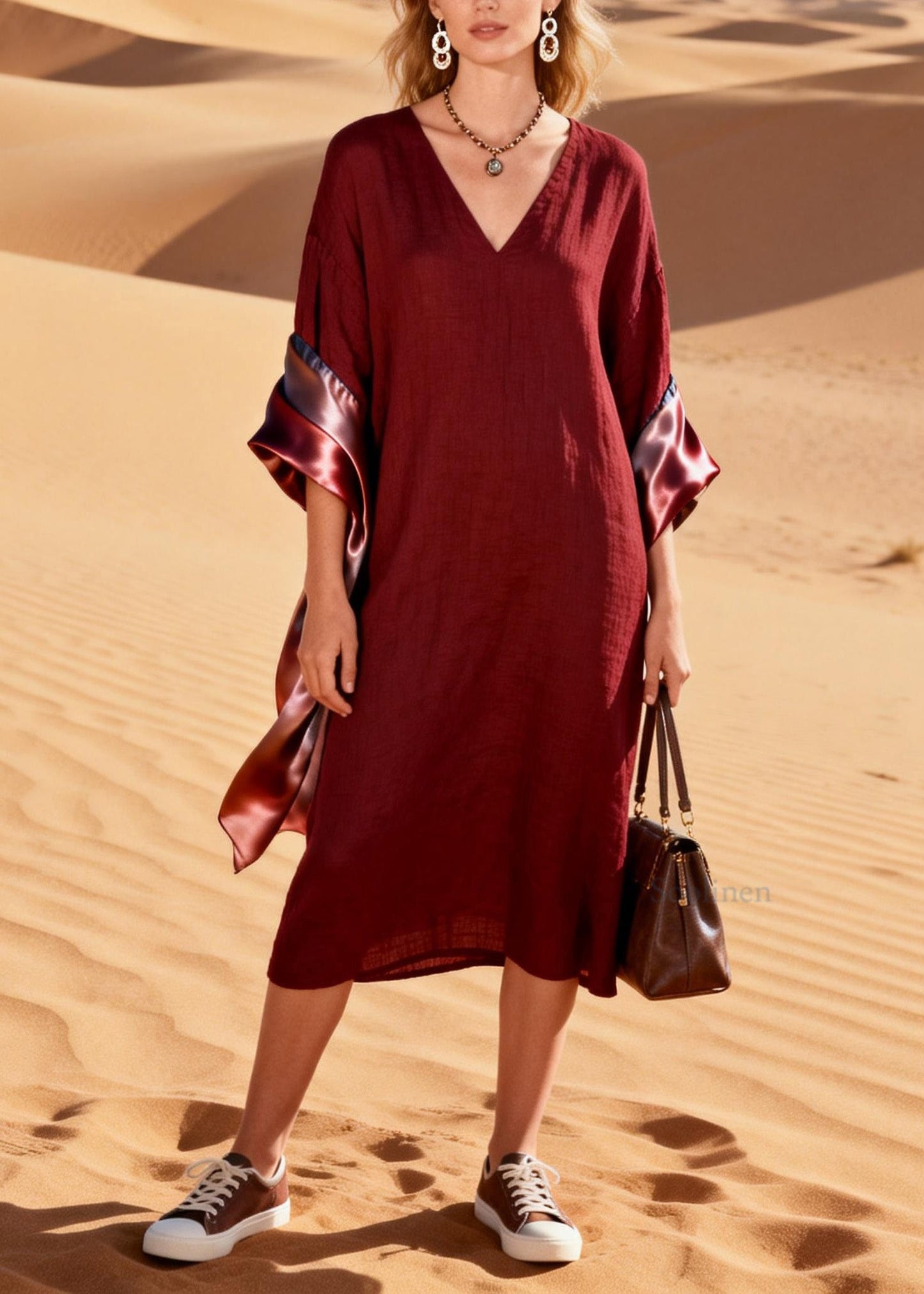 Original Design V Neck Silk Patchwork Linen Dress Summer