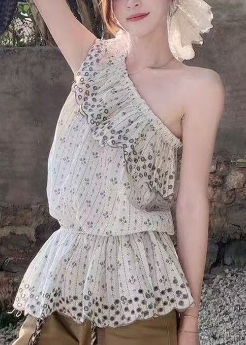 Original Design White Asymmetrical Print Cotton Tops Summer