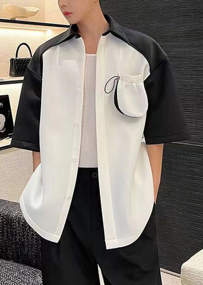 Original Design White Cinched Pockets Patchwork Shirts Summer