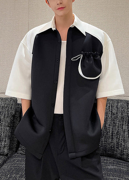 Original Design White Cinched Pockets Patchwork Shirts Summer
