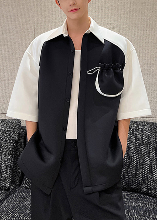 Original Design White Cinched Pockets Patchwork Shirts Summer