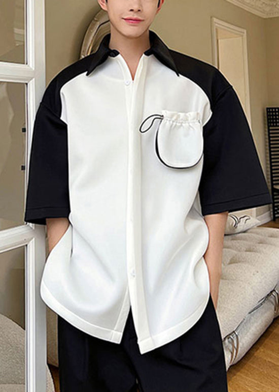 Original Design White Cinched Pockets Patchwork Shirts Summer