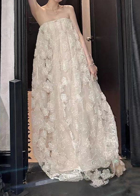 Original Design White Off the Shoulder Flower Tulle Long Dress