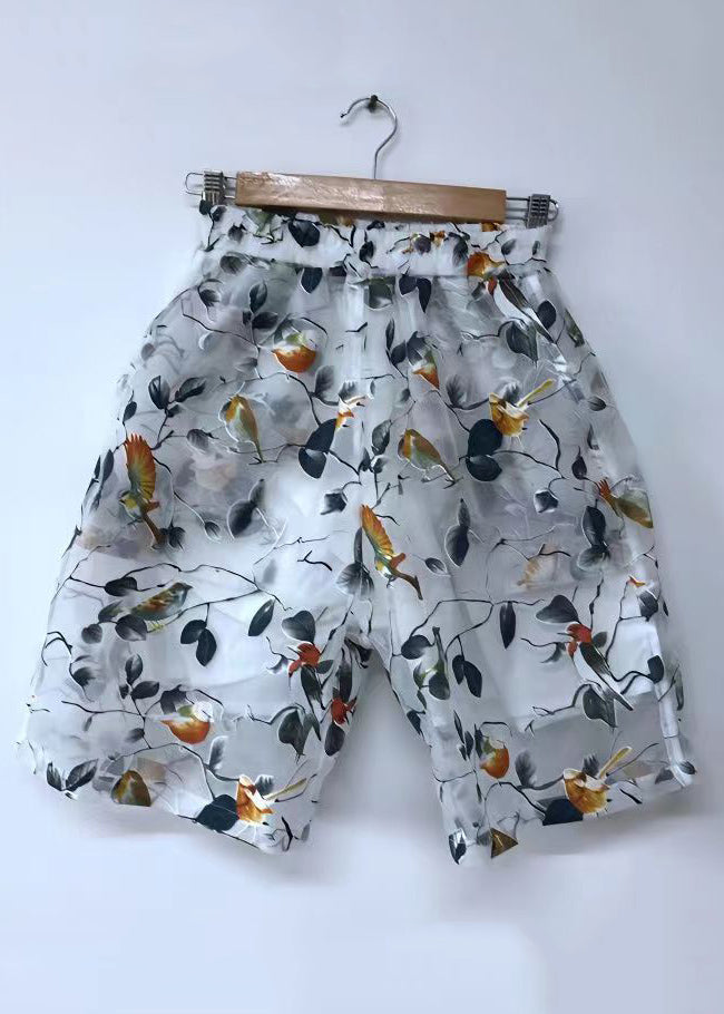 Original Design White Print Organza Beach Shorts Summer