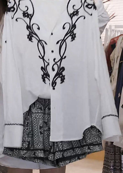 Original Design White V Neck Print Shirt and Shorts Two Pieces Set Spring