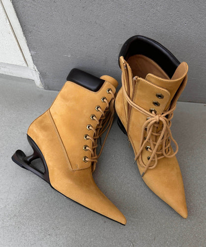 Original Design Yellow Pointed Toe Lace Up Faux Leather Wedge Boots