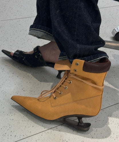 Original Design Yellow Pointed Toe Lace Up Faux Leather Wedge Boots