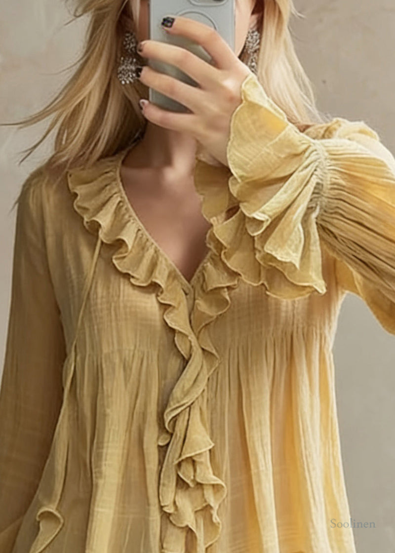 Original Design Yellow Ruffled Lace Up Cotton Blouse Flare Sleeve