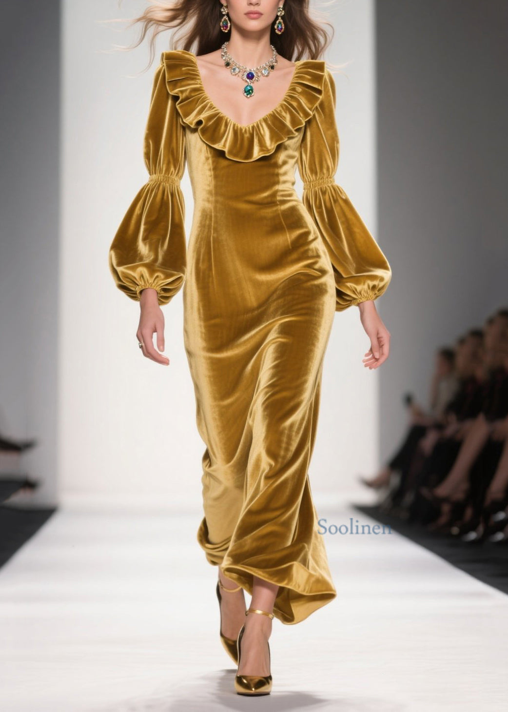 Original Design Yellow Ruffled Patchwork Velvet Long Dress Spring