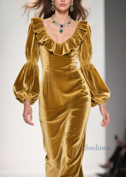 Original Design Yellow Ruffled Patchwork Velvet Long Dress Spring