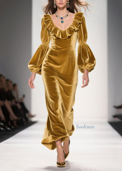 Original Design Yellow Ruffled Patchwork Velvet Long Dress Spring