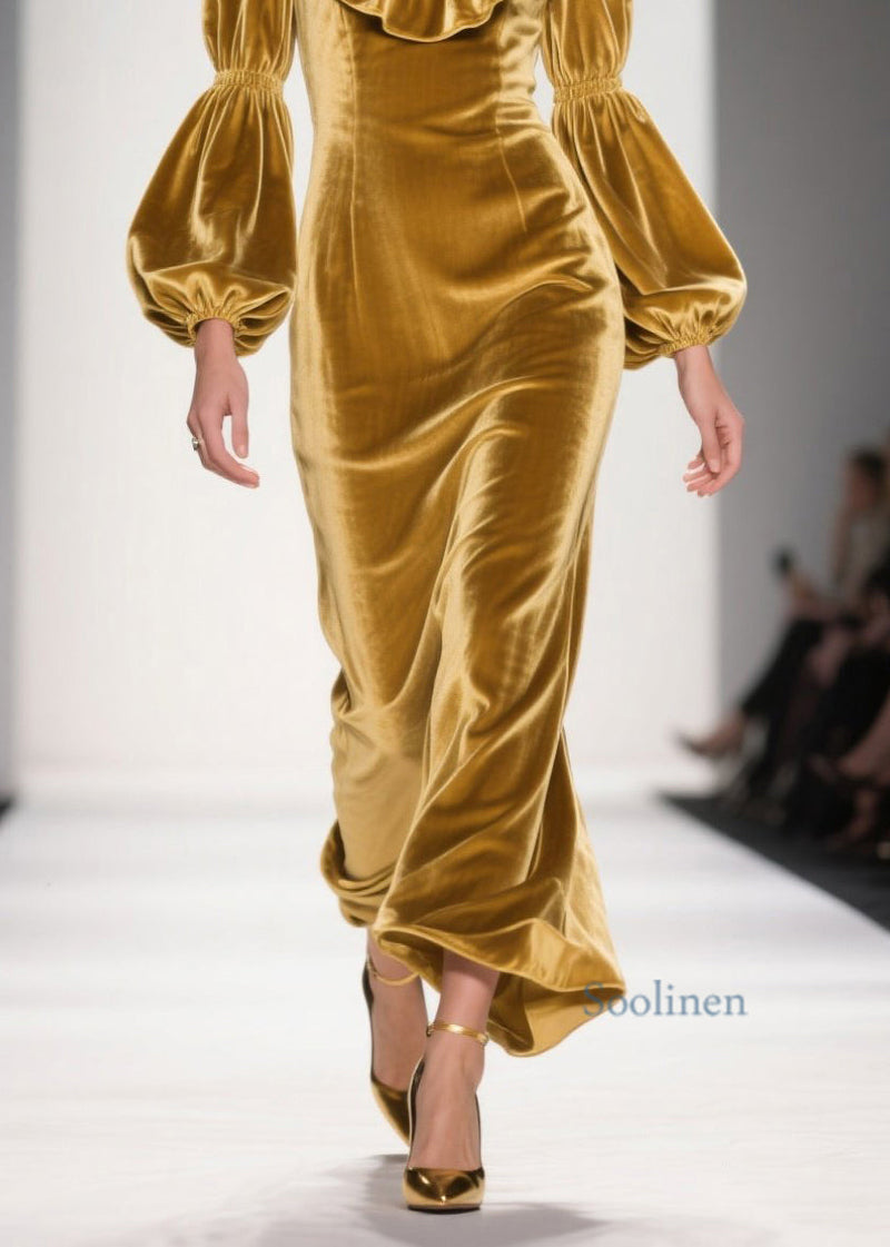 Original Design Yellow Ruffled Patchwork Velvet Long Dress Spring